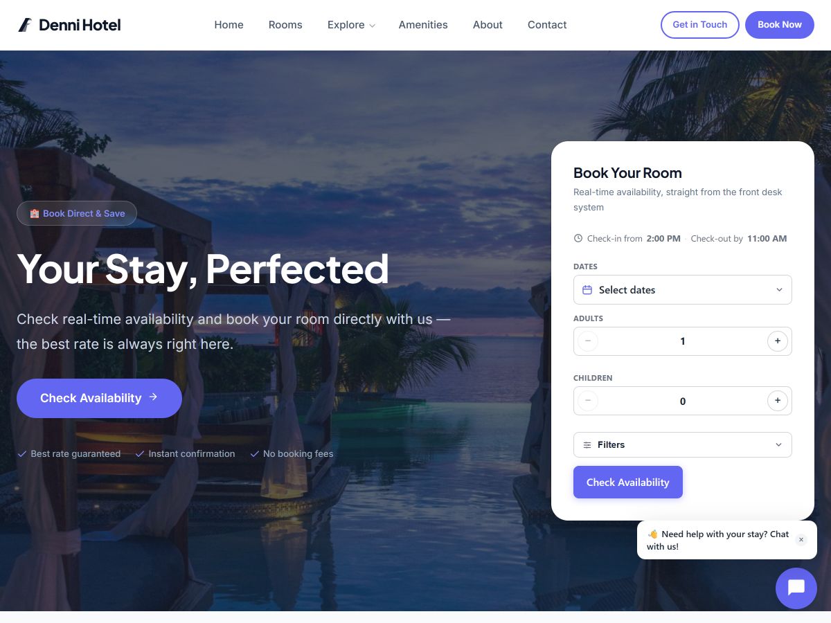 InnPress Theme — hotel homepage with hero image, live availability search, and featured rooms