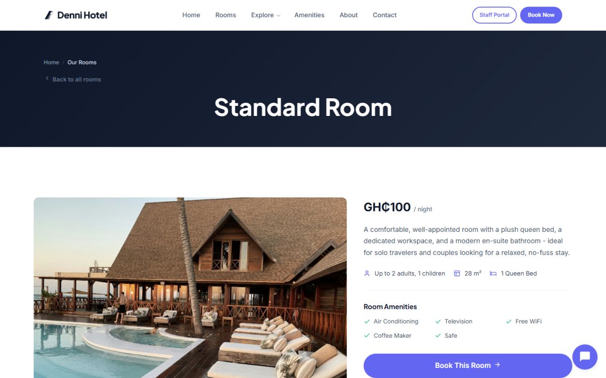 InnPress Theme — a single room detail page with gallery, amenities, rate and a book-now panel
