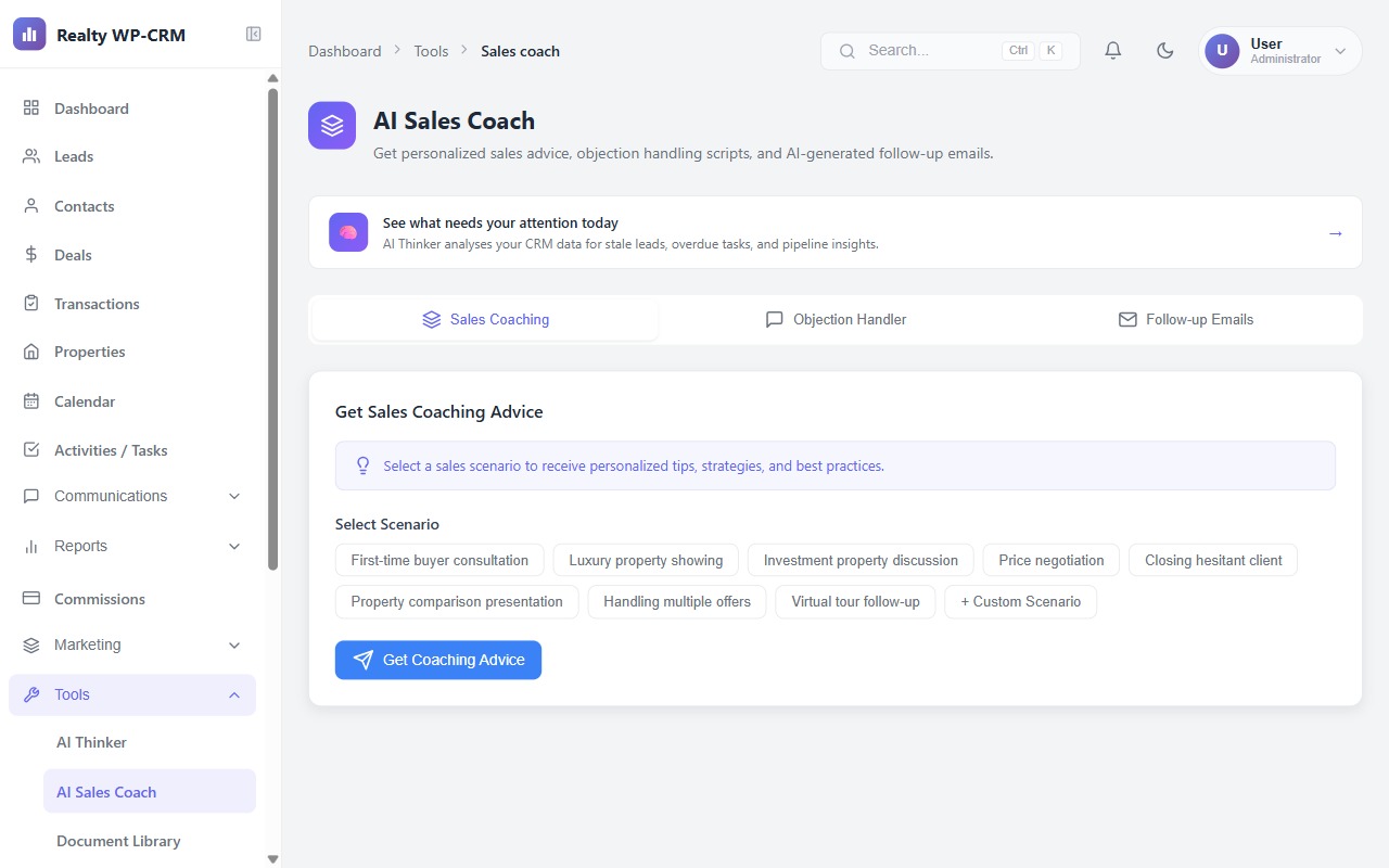 Realty WP-CRM AI Sales Coach — priority follow-up recommendations and deal risk scores