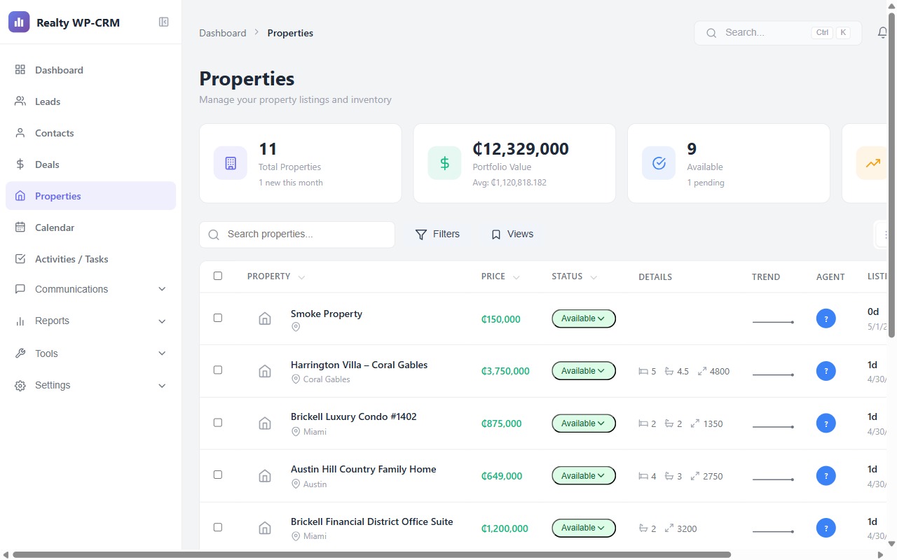 Realty WP-CRM properties list — MLS-synced listings with price history and status badges