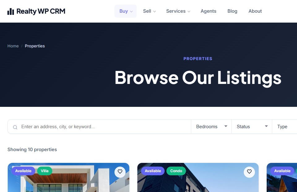 Realty WP-CRM companion theme — property listings page with advanced search and interactive map view