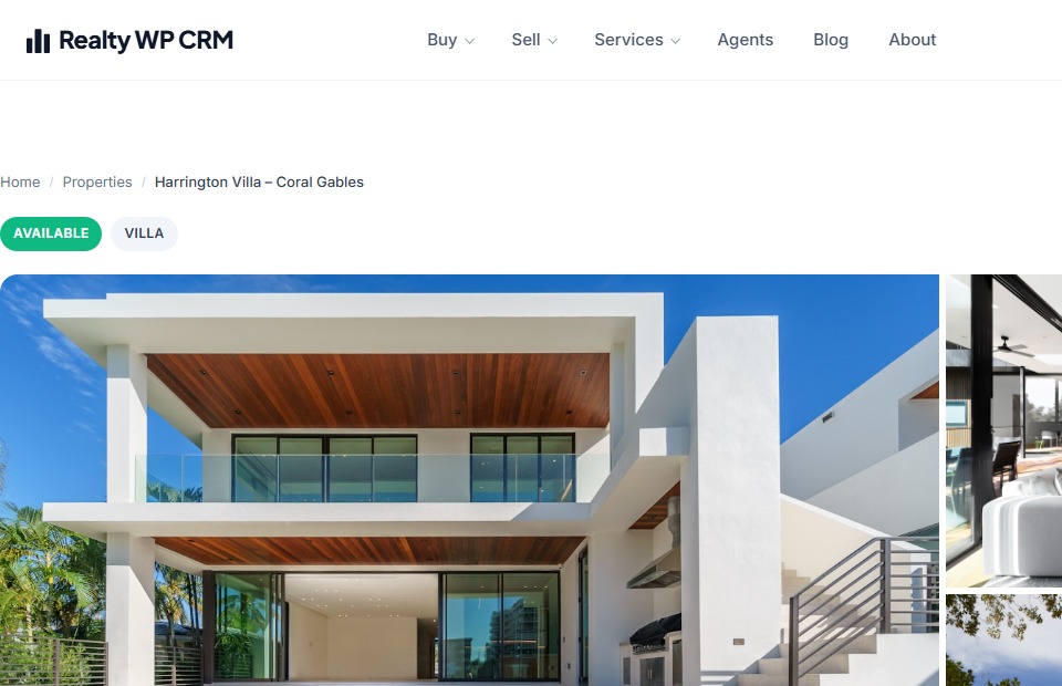 Realty WP-CRM companion theme — single property detail page with gallery, map, and agent contact form